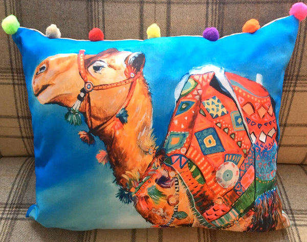 Rebecca Morris Art - Limited Edition Hand Embroidered Multicolour Pompom Camel Cushion
